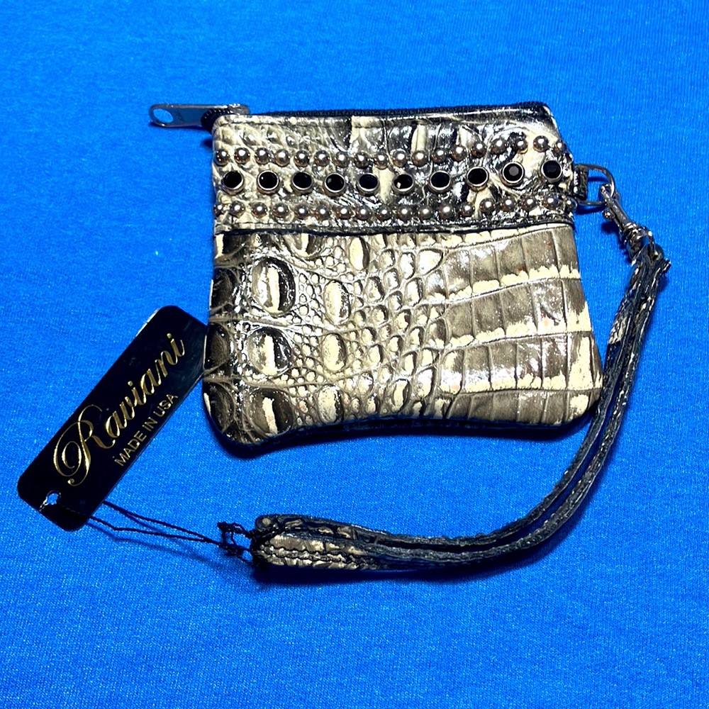Raviani studded, embossed leather wristlet